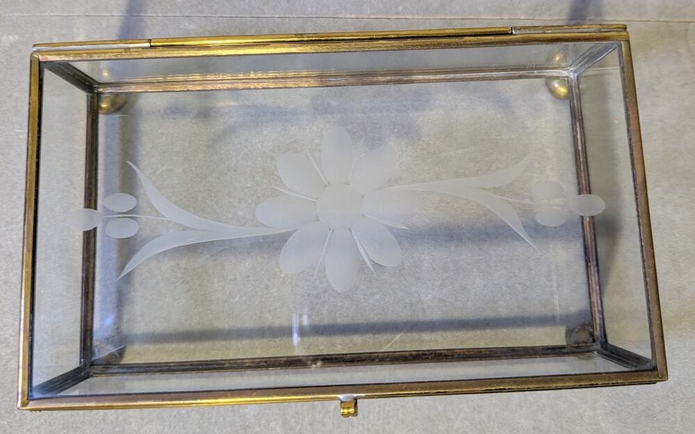 Vintage Brass & Glass Trinket Box Etched Floral Lid Jewelry Case Vanity Decor